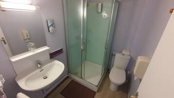 A bathroom with a glass-enclosed shower, a white sink, and a toilet.