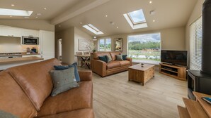 A spacious living area with a high ceiling, skylights, a kitchen, a dining area, and a fireplace. - Balloch Park (Aberfeldy)
