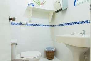 A small bathroom with a toilet, a sink, a trash bin, and a blue-tiled backsplash. - The Grand Sinopia Inn Portland (Port Antonio)