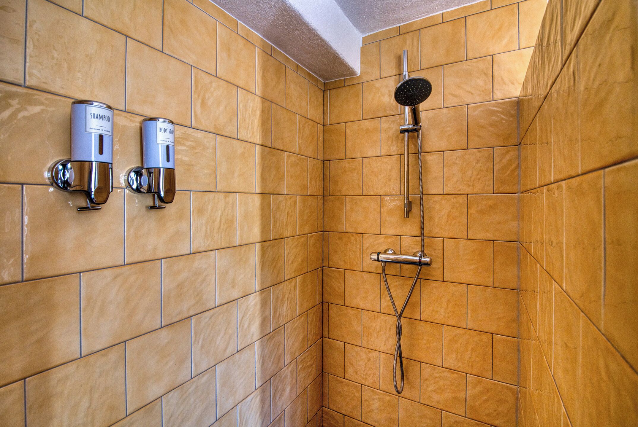 A shower area with tiled walls, a handheld showerhead, and two wall-mounted shampoo dispensers.