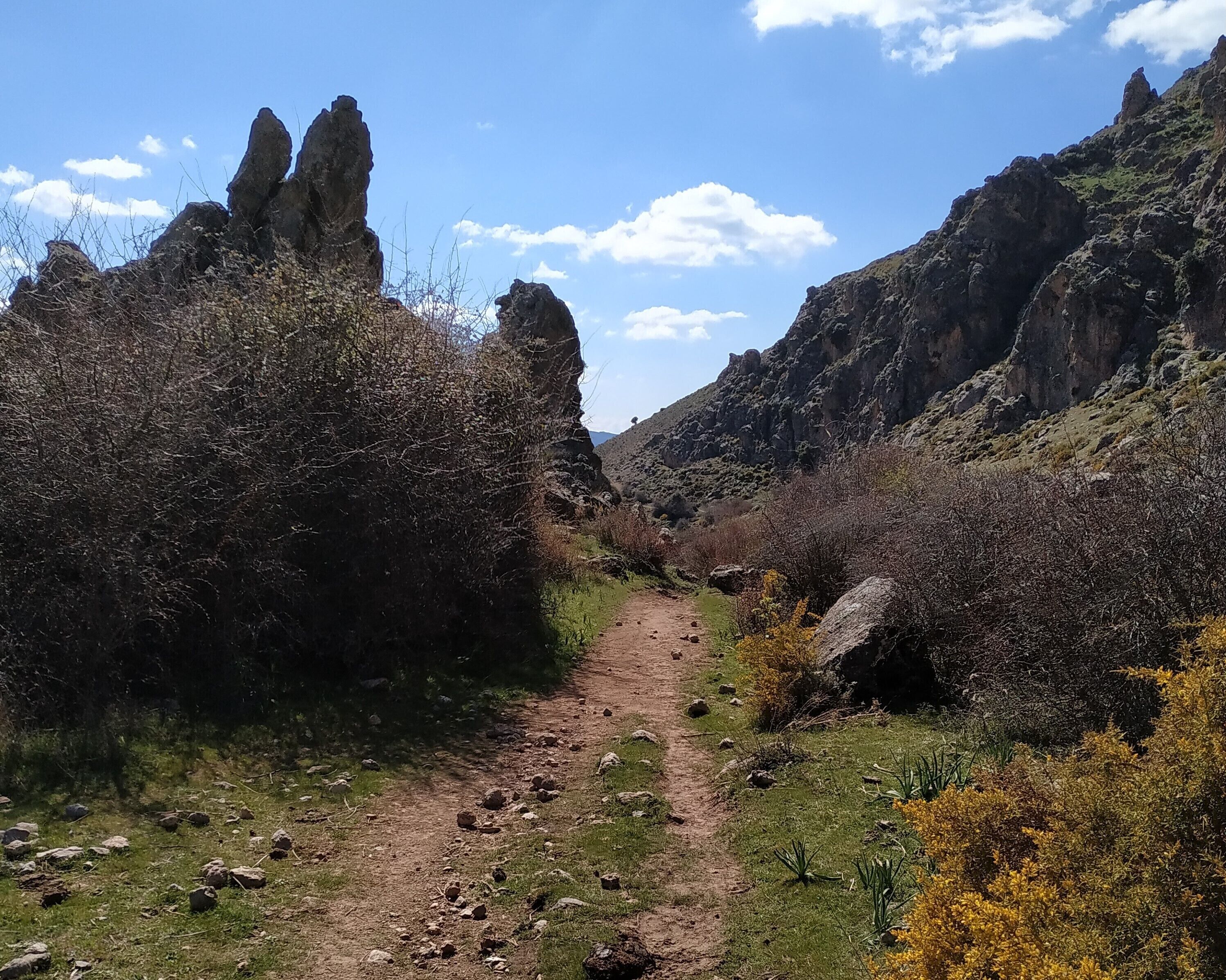 Ein schmaler Feldweg, begrenzt von felsigem Gelände und spärlicher Vegetation.