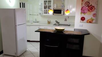Refrigerador con freezer, microondas, placa de cocina, cafetera/tetera