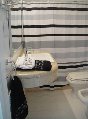 Bathtub, bidet, towels