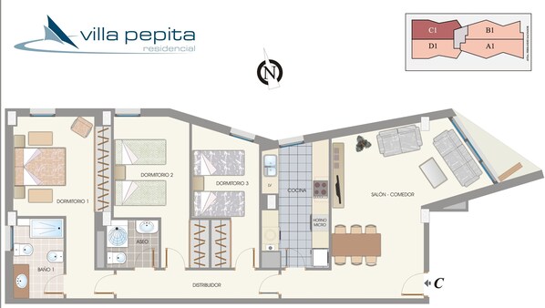 A floor plan of a residential villa with three bedrooms, a kitchen, a bathroom, a living room, a dining area, and a storage space. - OFFER Luxury Apartments VILLA PEPITA 1st Line Beach (Benicasim)
