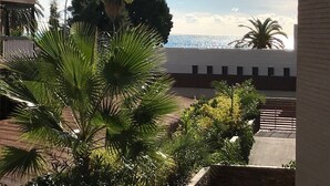 Vista de un edificio con fachada blanca y una palmera en primer plano.