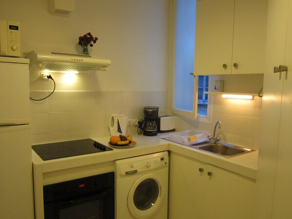 Una cocina compacta con lavadora, cafetera y un lavamanos pequeño.