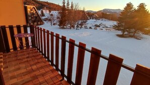 Un balcon donnant sur un paysage enneigé et des montagnes.