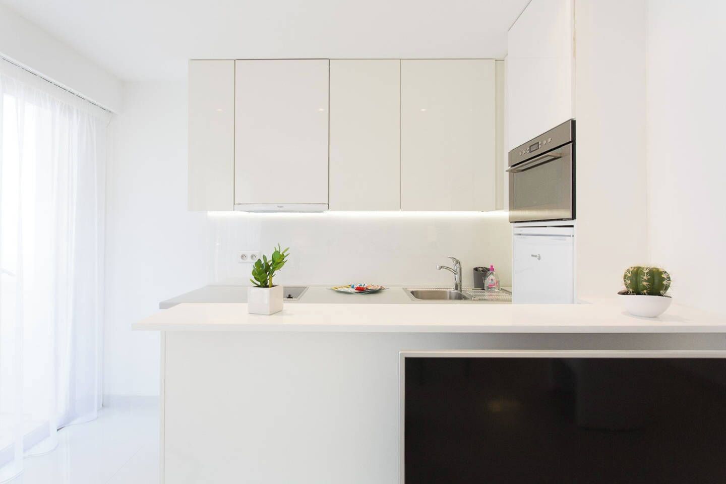 A modern kitchen with white cabinets, a built-in oven, a sink, and a small potted plant on the counter.
