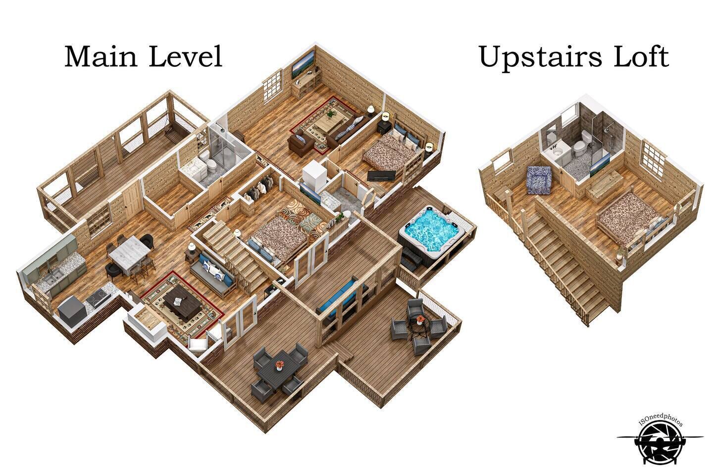 A 3D floor plan of a house with a main level and an upstairs loft. The main level includes a kitchen, dining area, living room, and a large hot tub. The loft features a bathroom and a small seating area.