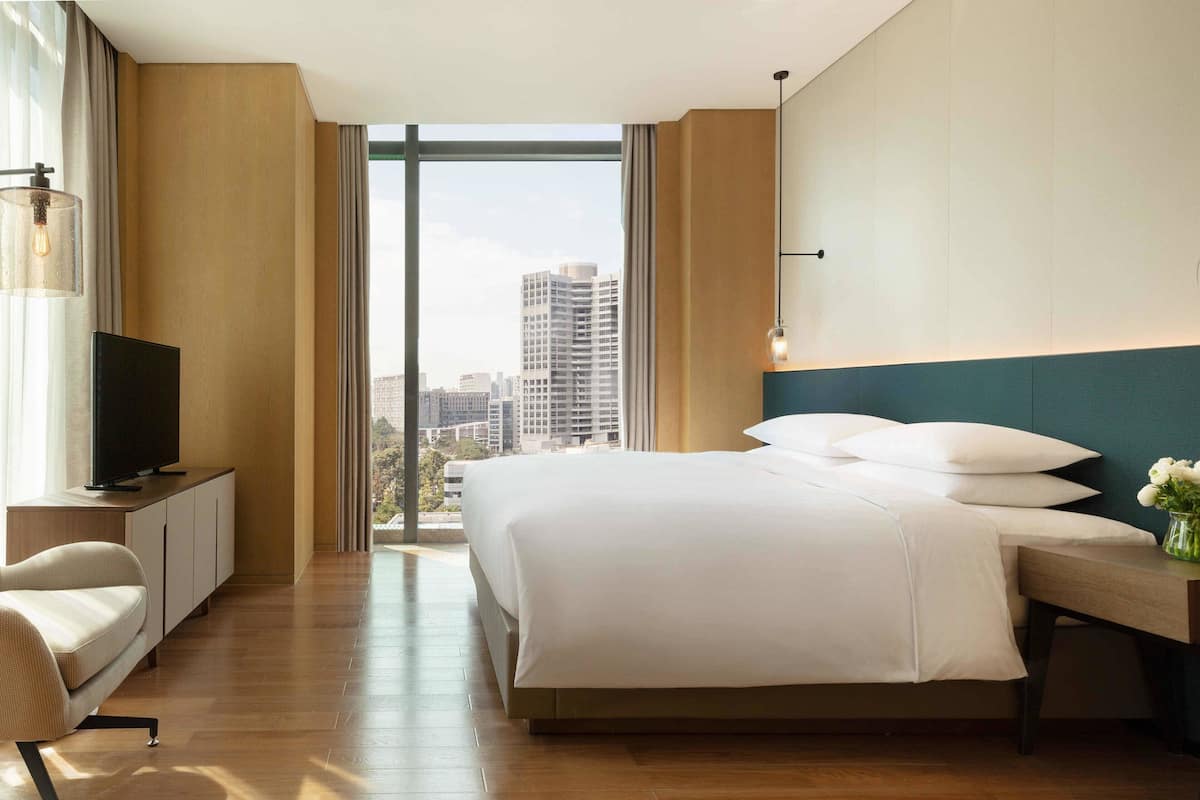 Een moderne hotelkamer met een groot bed, een televisie op een kastje en uitzicht op de stad.