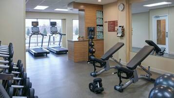 A gym with treadmills, dumbbells, and exercise equipment.