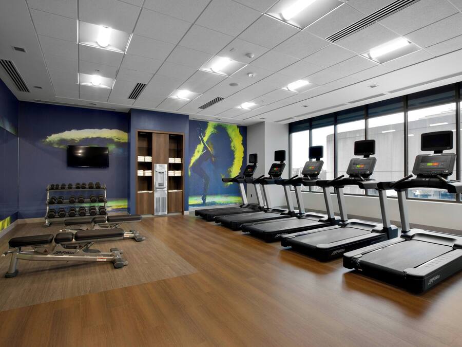 A gym with treadmills, dumbbells, and benches.