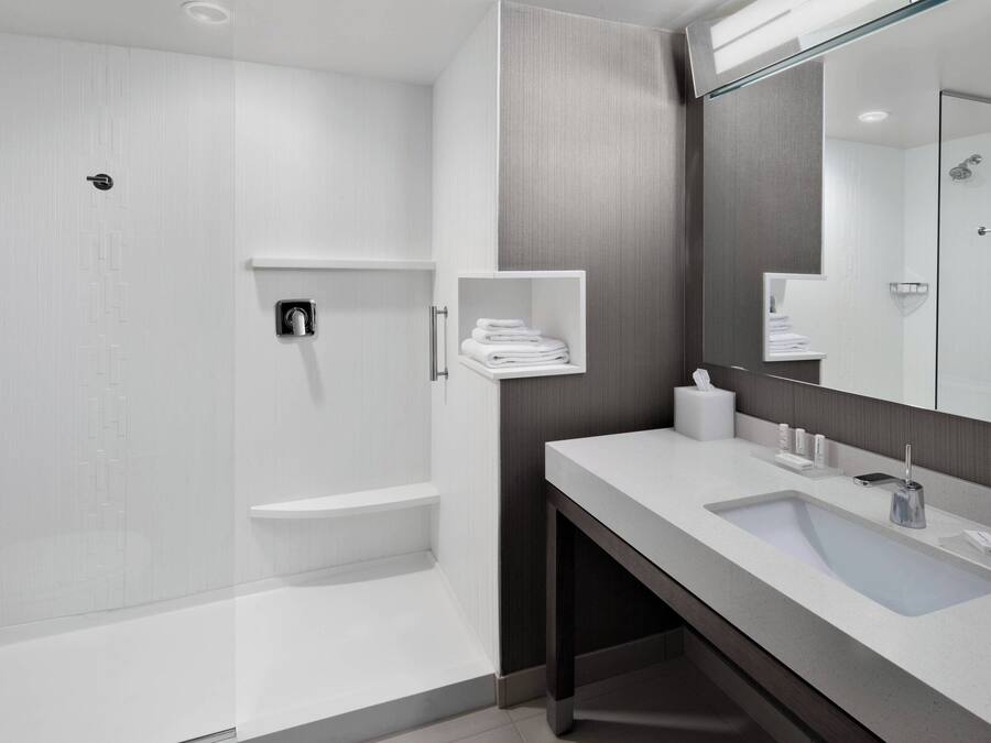 A modern bathroom with a large sink, a mirror, and a shower area.