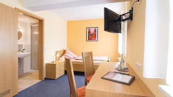 Shower, free toiletries, hair dryer, towels