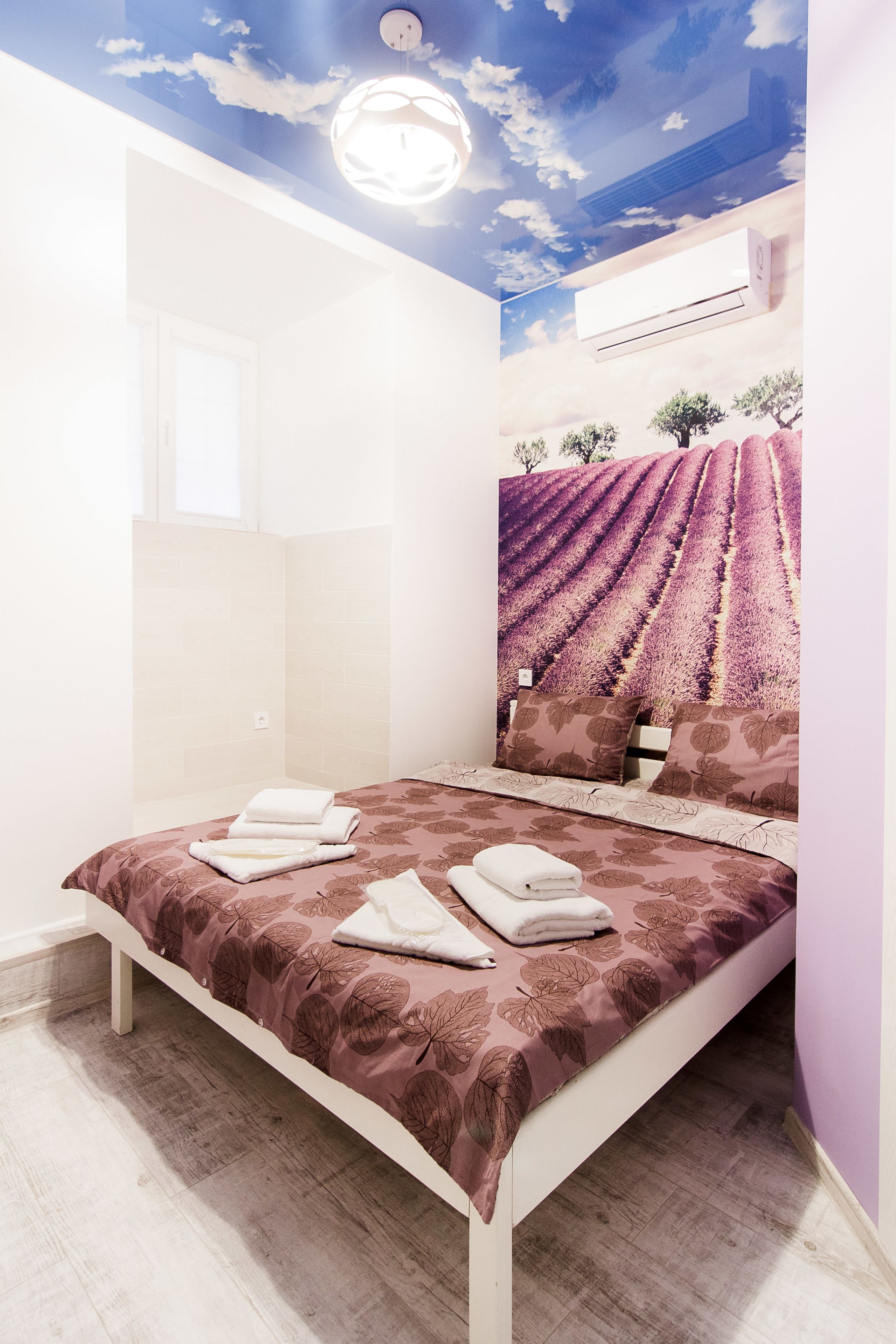 A bedroom with a bed, a ceiling mural, and an air conditioning unit.