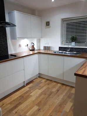 Full-sized fridge, microwave, oven, stovetop