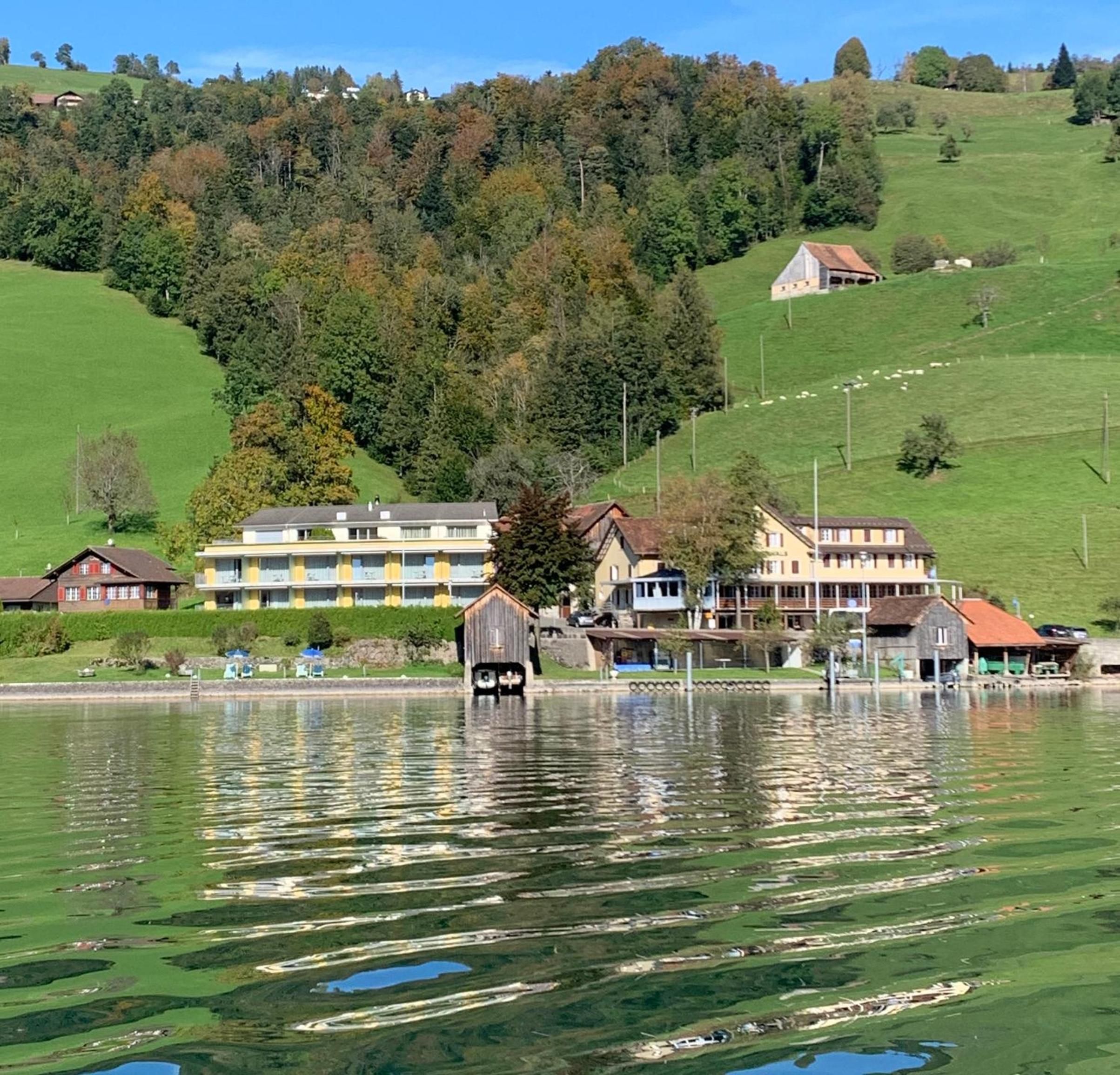Ein Hotel am Seeufer mit mehreren Gebäuden, einem Steg und einer bewaldeten Hügelkuppe im Hintergrund.
