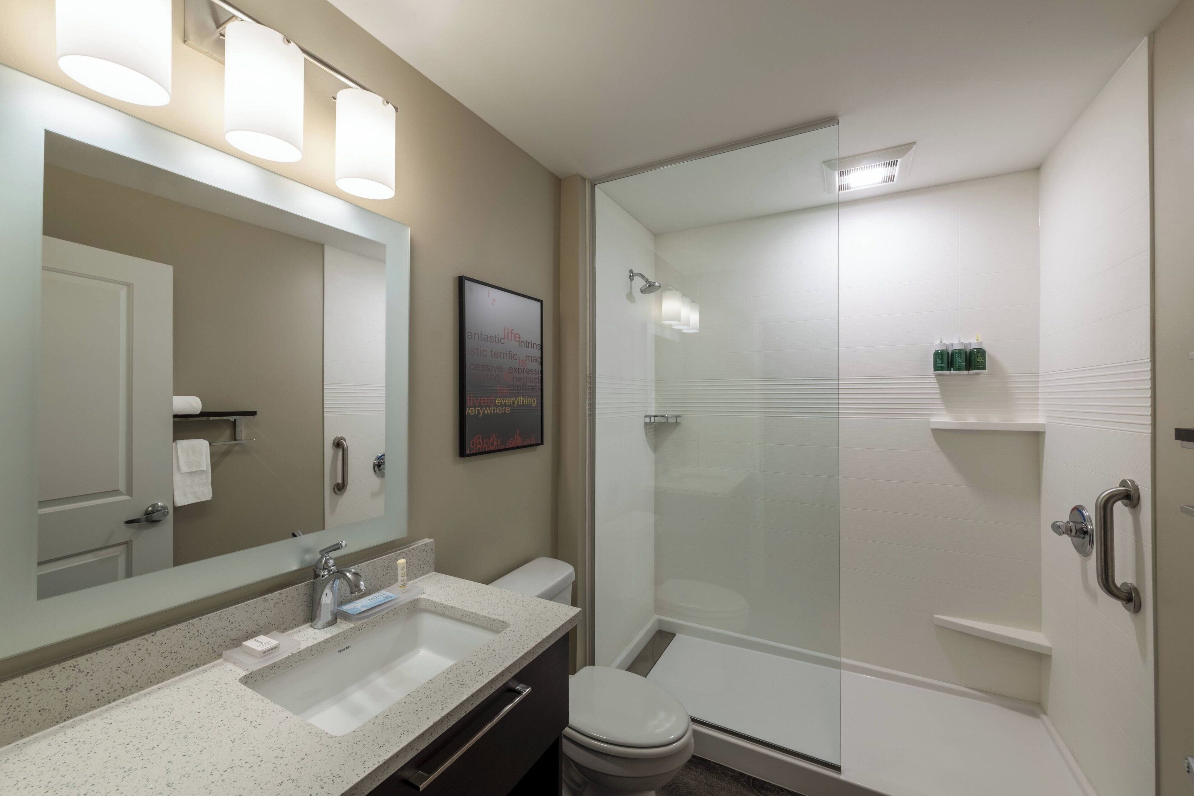 Separate tub and shower, hair dryer, towels