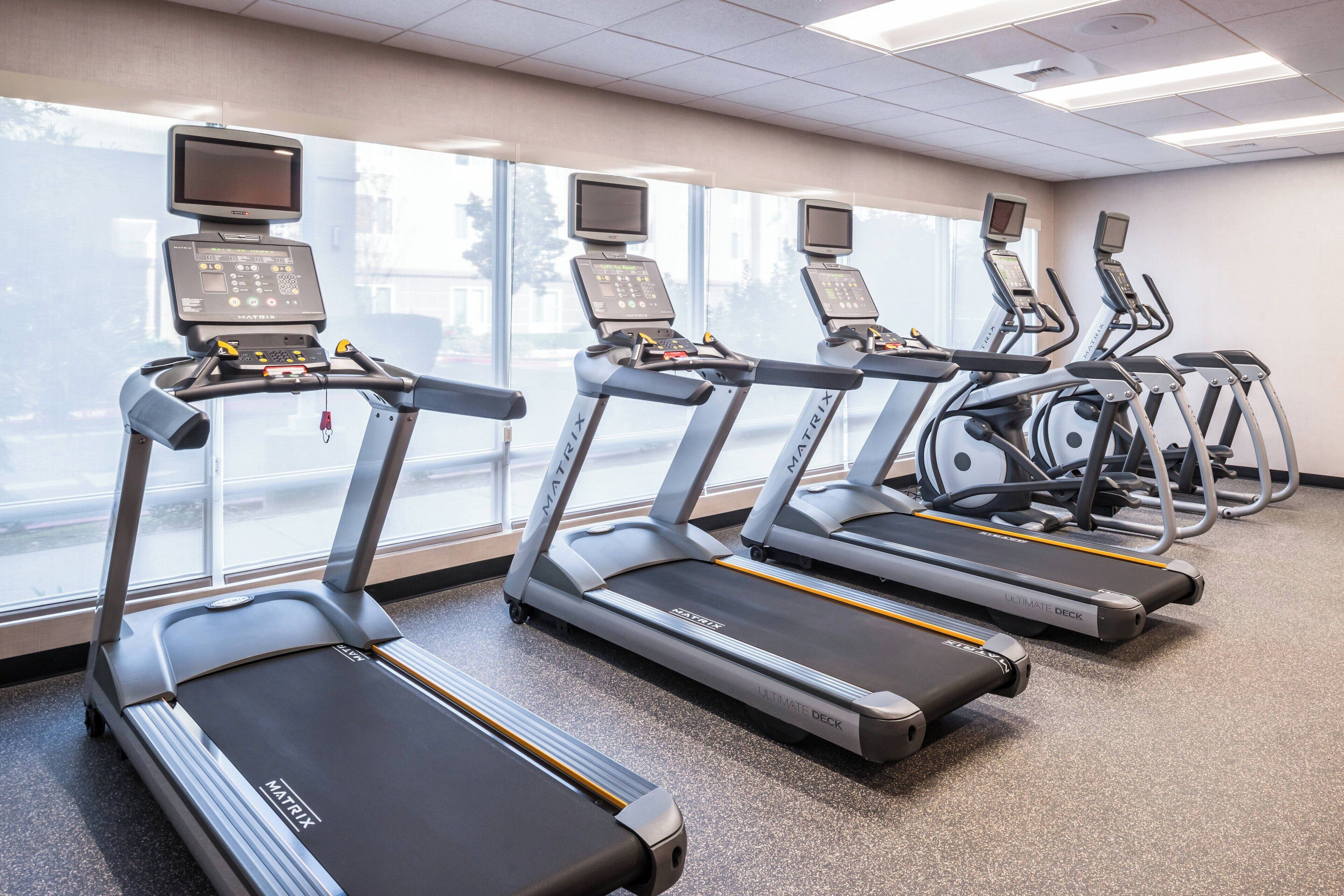 Une rangée de tapis de course dotés d’écrans numériques, disposés dans une salle de sport avec de grandes fenêtres.