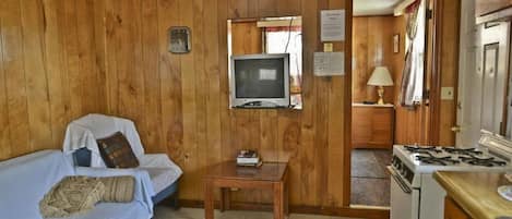 A compact room with wooden walls, a sofa, a television, a small table, and a stove.