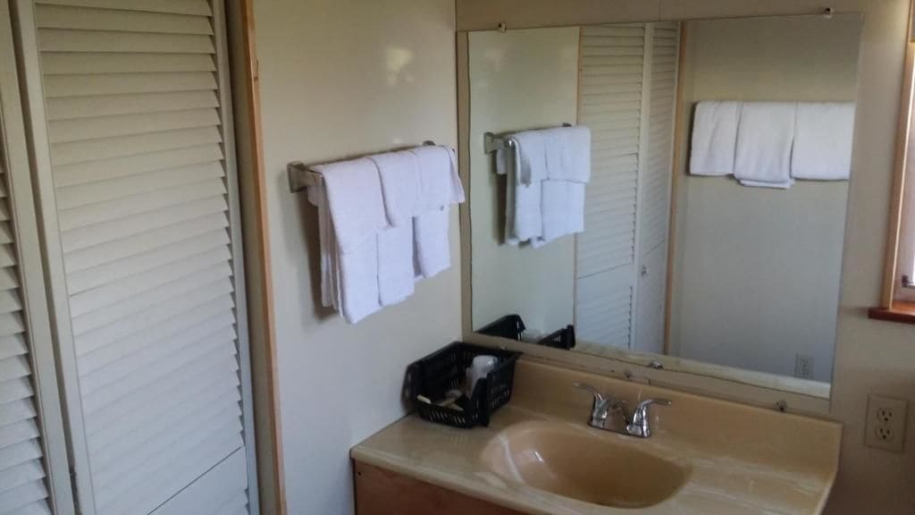 A bathroom with a beige sink, a mirror, and two white towels hanging on the wall.