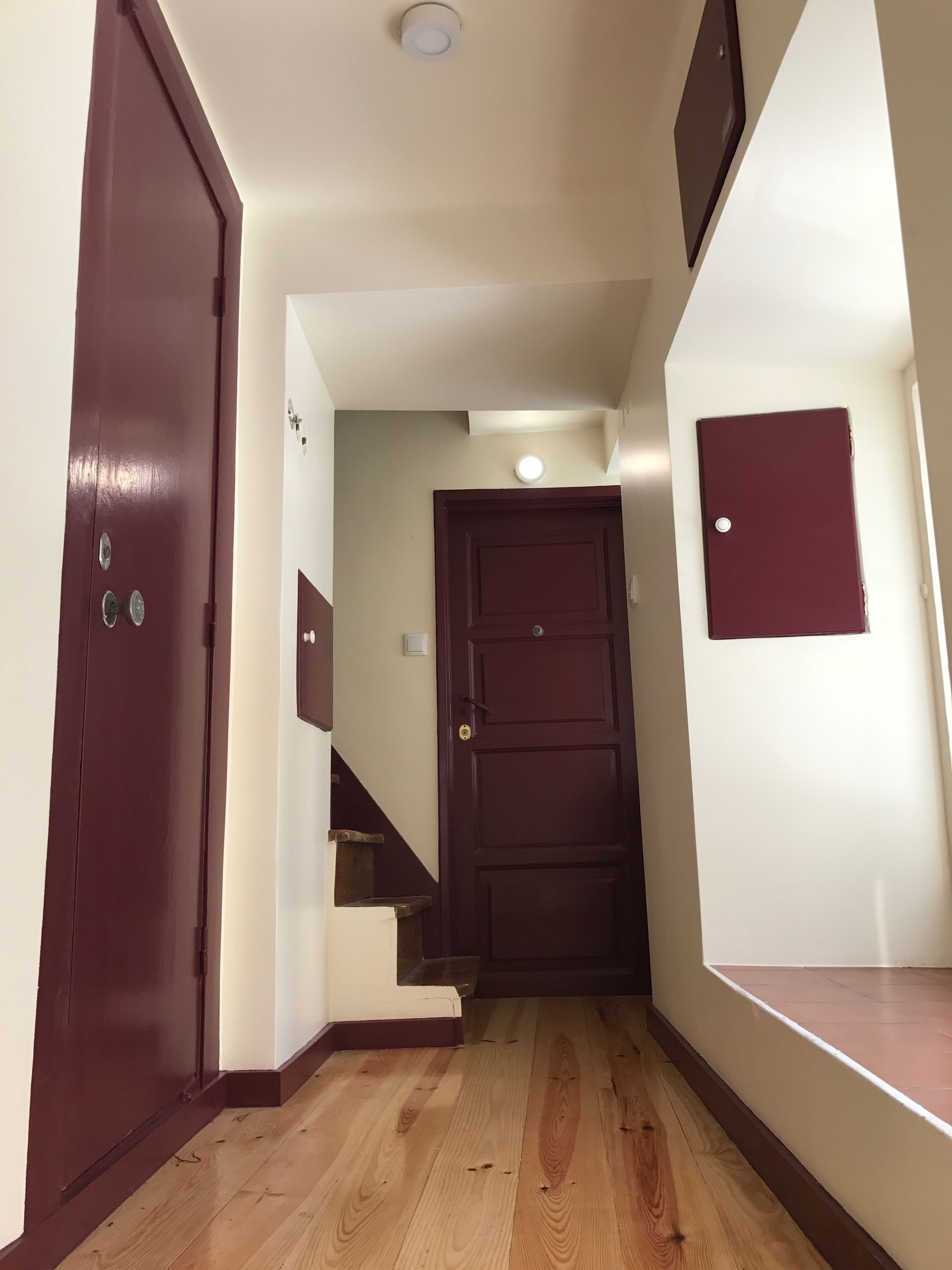 Um corredor com piso de madeira, uma porta marrom-escura à esquerda, outra porta marrom-escura no final e um interruptor de luz na parede.