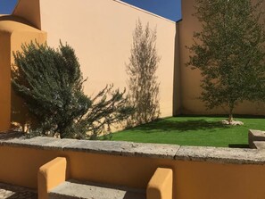 Un patio con un muro amarillo, césped verde y dos árboles.
