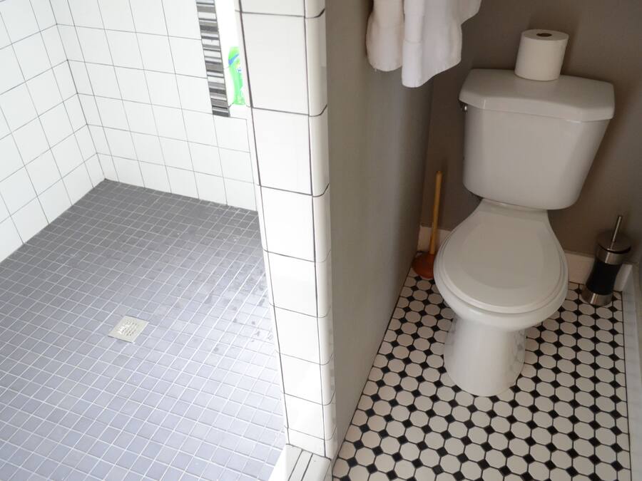 A bathroom with a shower area tiled in grey and a toilet area with black and white hexagonal tiles.