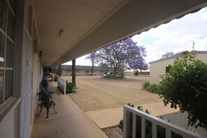 A covered outdoor area with a gravel path, a tree with purple flowers, and a building with a white facade.