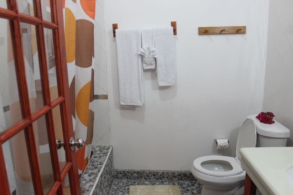 Een badkamer met toilet, wastafel, douche en een handdoekrek.