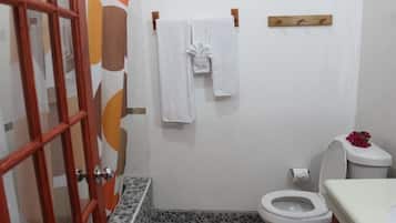 Een badkamer met toilet, wastafel, douche en een handdoekrek.