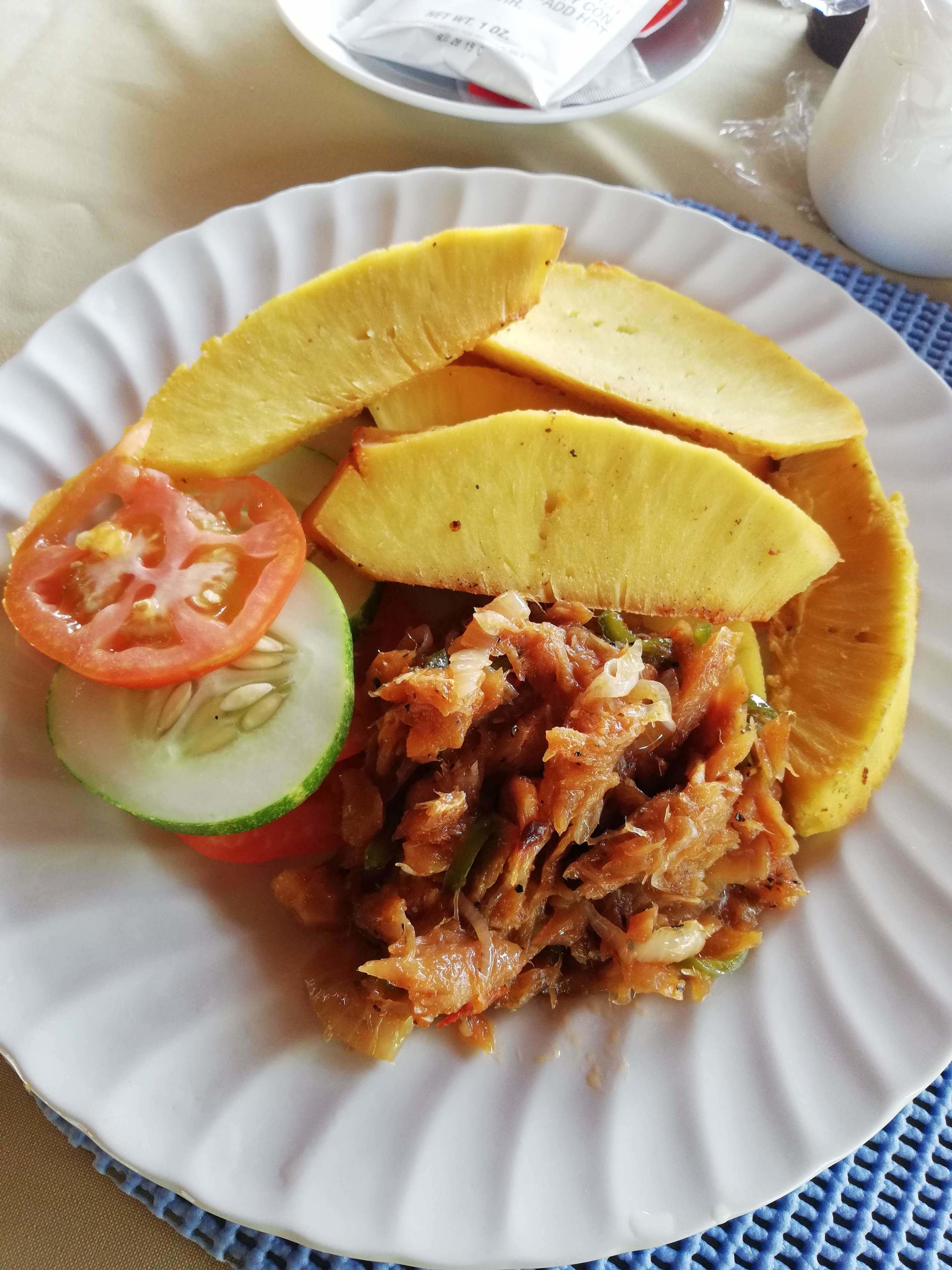 Um prato com carne desfiada, fatias de fruta amarela, uma fatia de tomate e uma fatia de pepino.