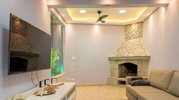 Smart TV, fireplace, table football, stereo