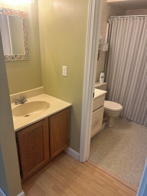 A bathroom with a sink, mirror, toilet, and shower curtain. - A Great Vacation Getaway!! (North Woodstock)
