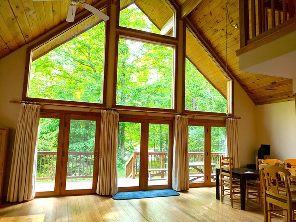 Interior - 3BR Riverfront Log Home with Steam Sauna, Soaring Glass Wall & Private Forest (Cummington)