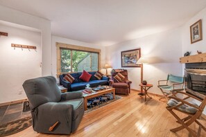 Smart TV, chimenea, libros