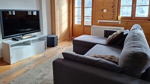 Een moderne woonkamer met een flatscreen televisie, een grijze bank en een houten wand met ramen.