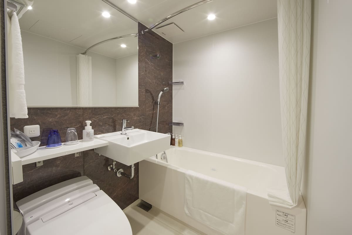 combined shower/bathtub, free toiletries, hair dryer, slippers