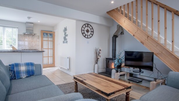 Un salon moderne avec un canapé, une table basse, un téléviseur et une cheminée.