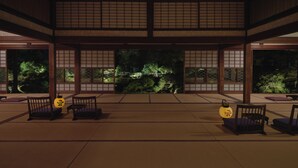 Une pièce de style japonais traditionnel, avec un sol recouvert de tatamis, des portes coulissantes et une vue sur une zone boisée.