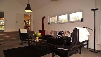 Fernseher, Kamin, DVD-Player, Bücher