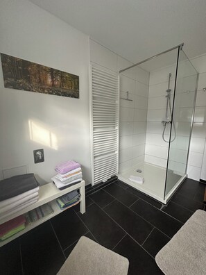 Combined shower/tub, hair dryer, towels, soap