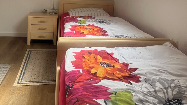 A bedroom with two beds, a nightstand, a lamp, a poster, and a skylight. - NATURE and PEACE 🍀 Cozy, quiet 2-room vacation apartment in Münster (Münster)