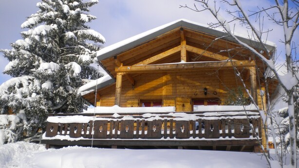 A wooden cabin with a snow-covered porch and a large evergreen tree in front.