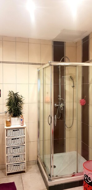 Shower, hair dryer, towels, soap