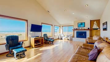 Televisio, takka, DVD-soitin, stereot