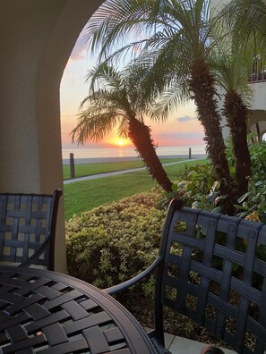 Un patio con vista sul tramonto sull'acqua, circondato da palme e vegetazione.