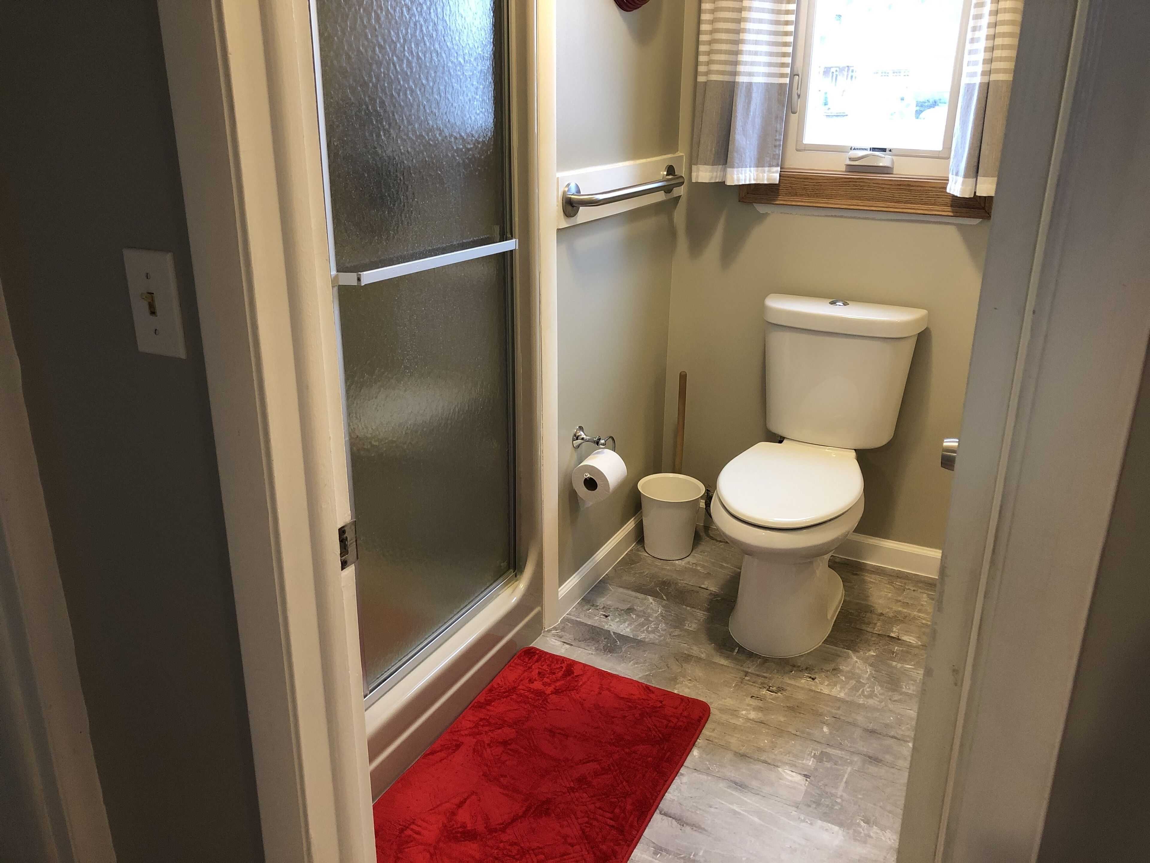 Une salle de bain avec des toilettes, une douche et un tapis rouge.