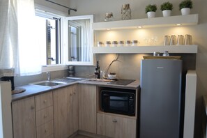Fridge, oven, coffee/tea maker, toaster