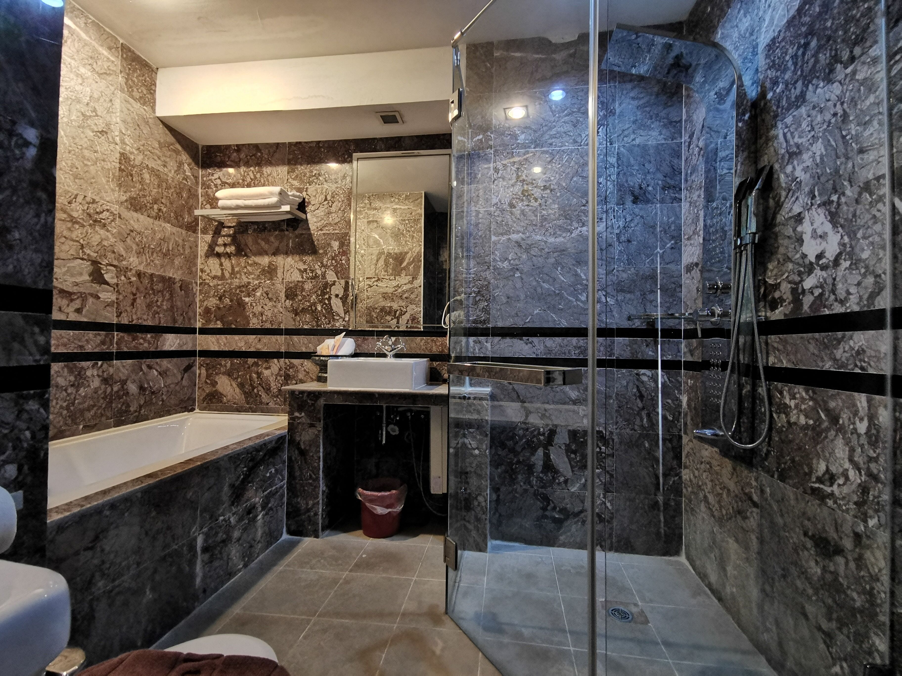 shower, free toiletries, slippers, bidet